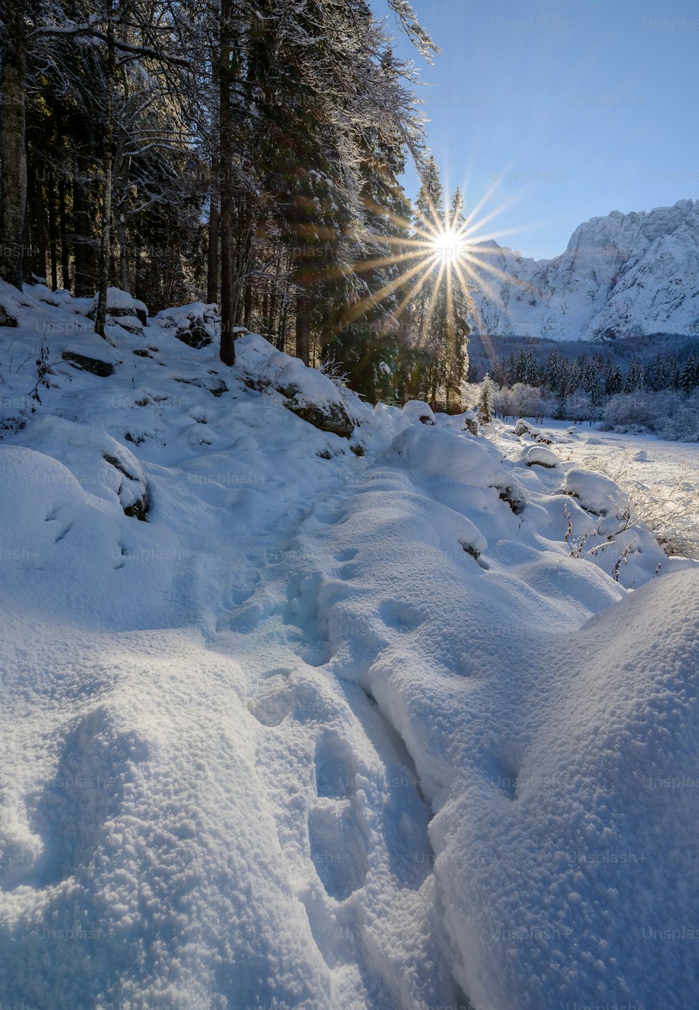 the sun shines brightly over a snowy path