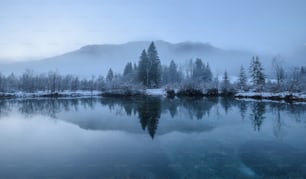 Un lago con alberi e montagne sullo sfondo