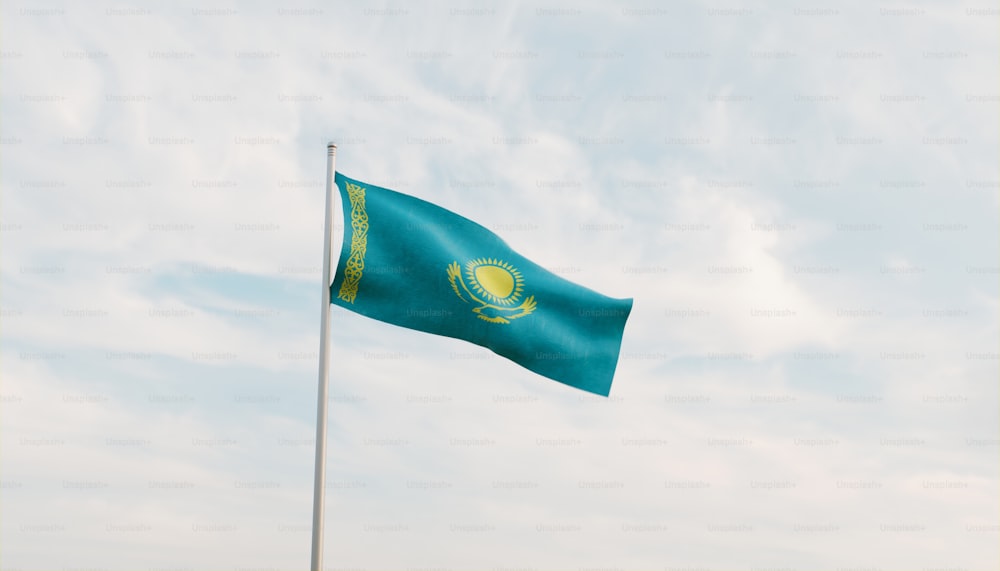 a blue and yellow flag on a flagpole