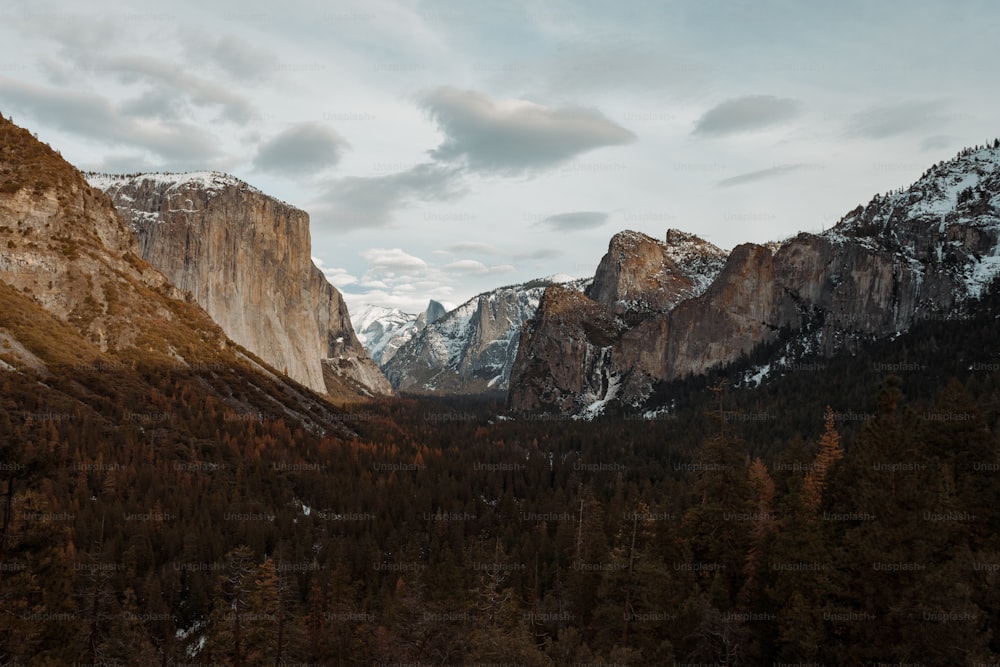 uma vista de um vale com montanhas ao fundo