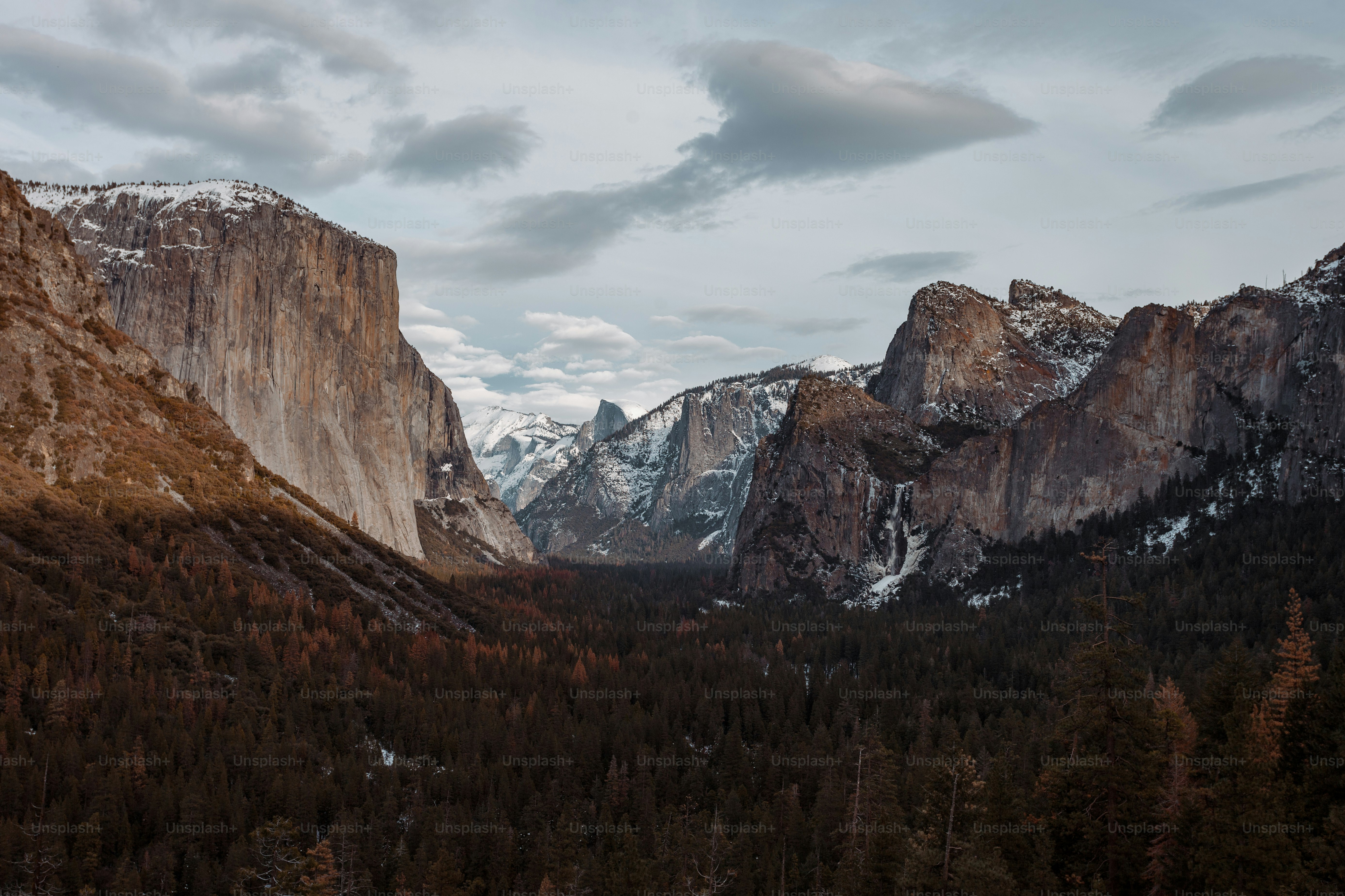 a view of a valley with mountains in the background