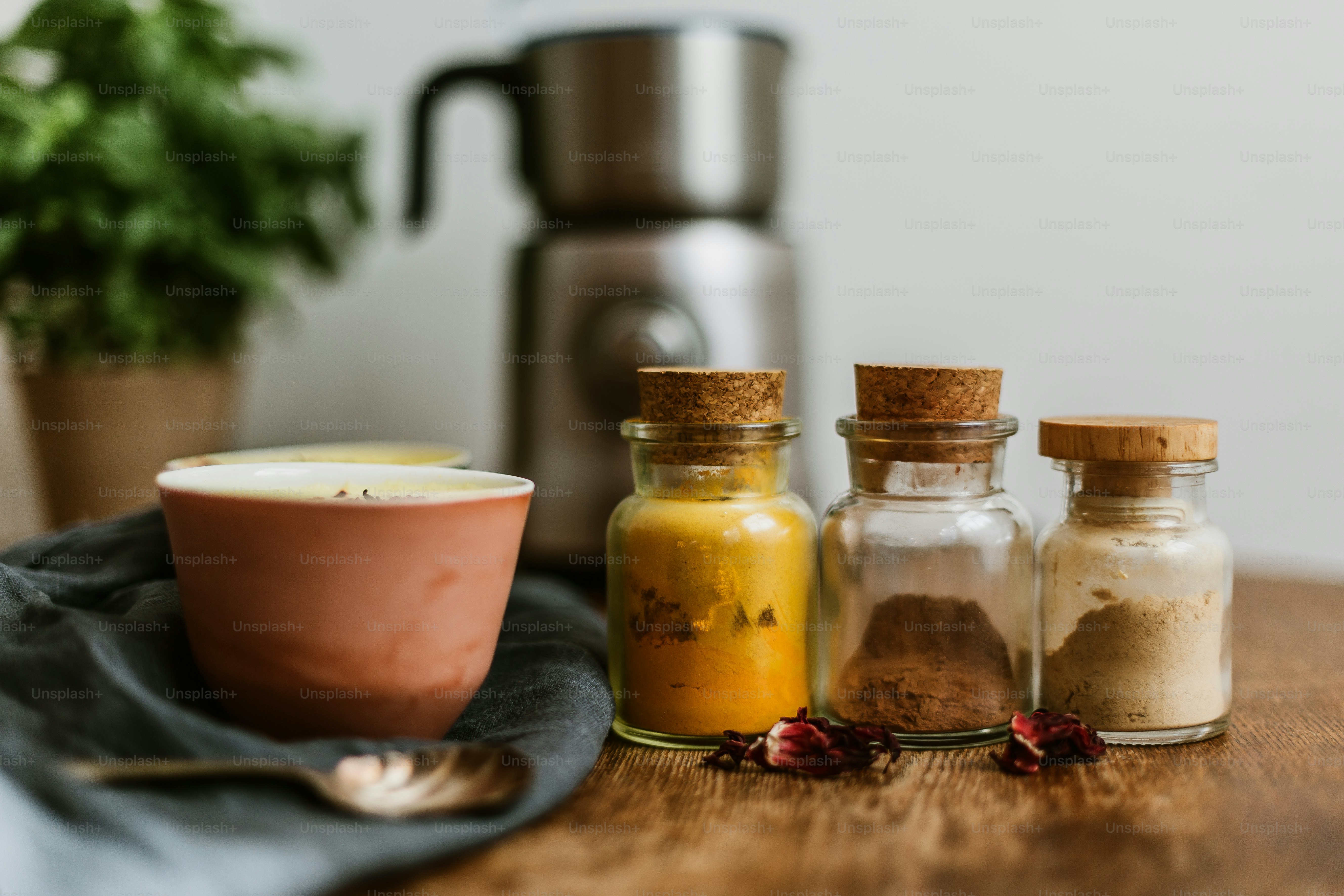 a group of jars with food in them