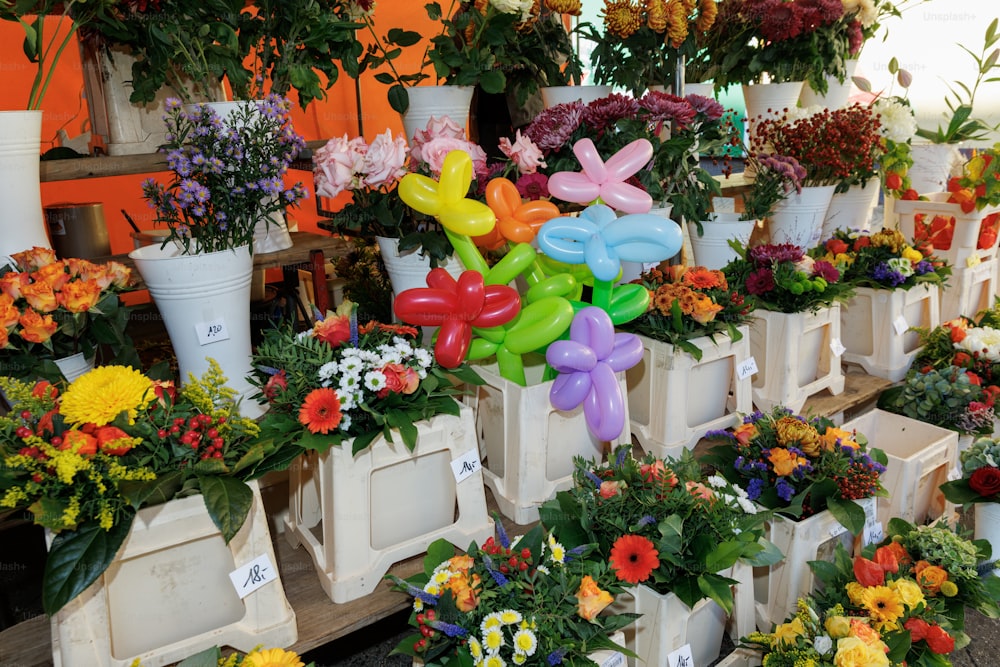 a large group of flowers in a flower shop