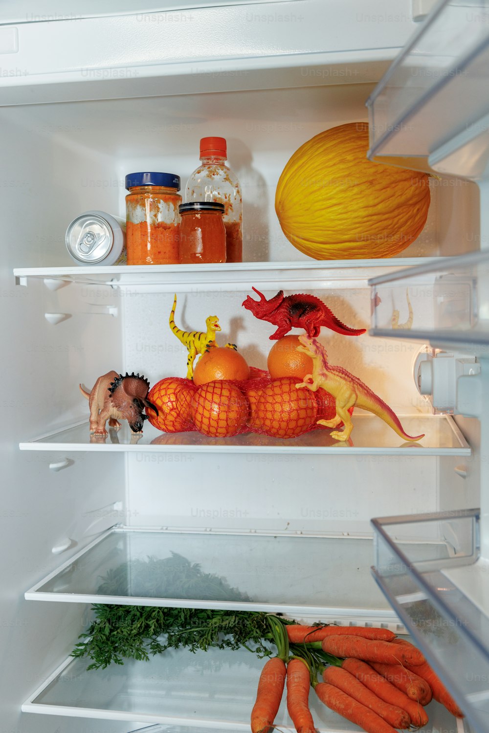 a refrigerator is filled with food