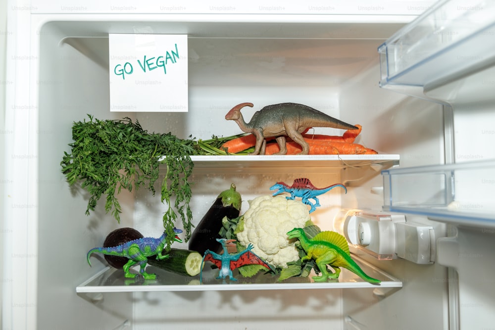 a display of vegetables and a cat