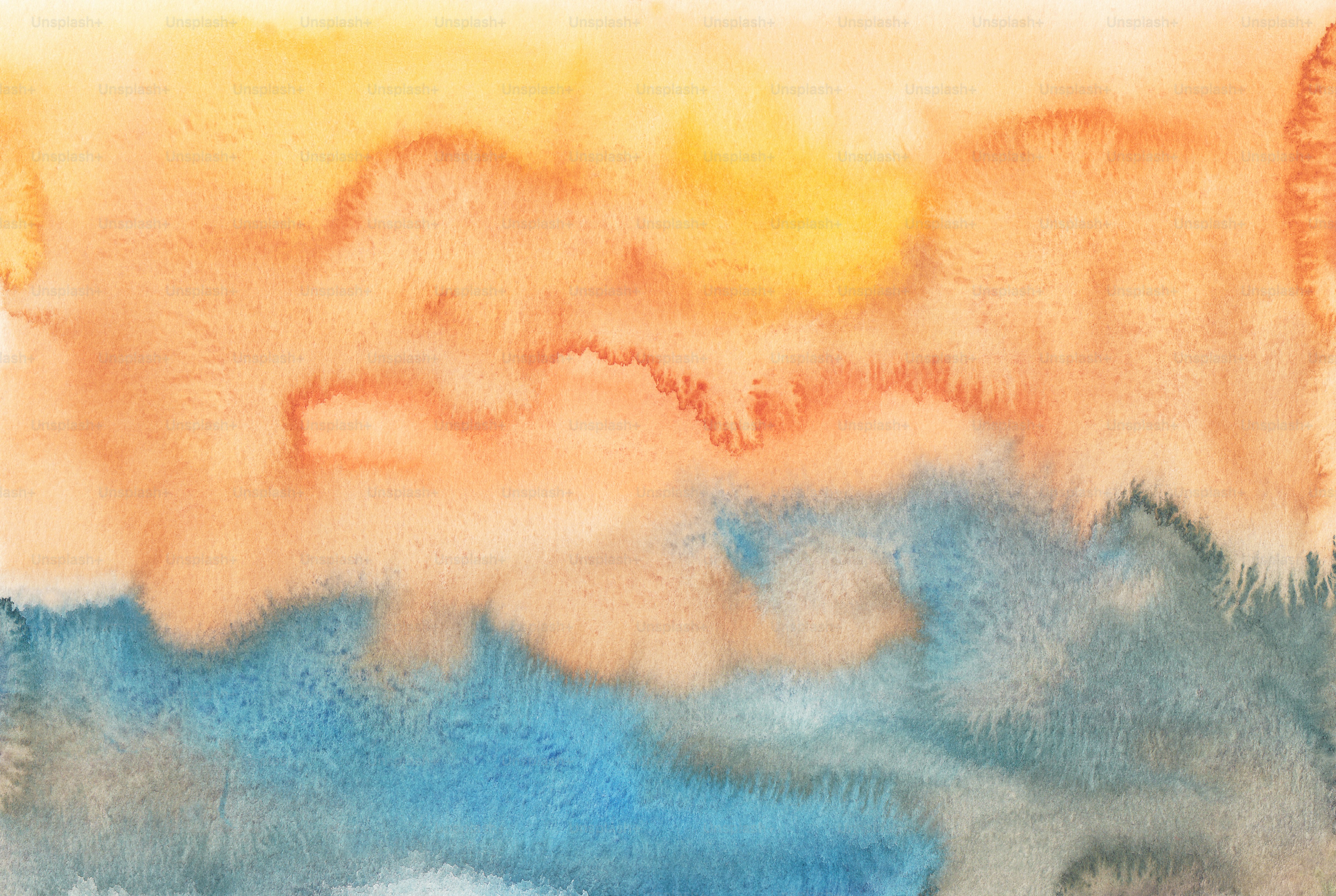 a watercolor painting of a yellow and blue sky