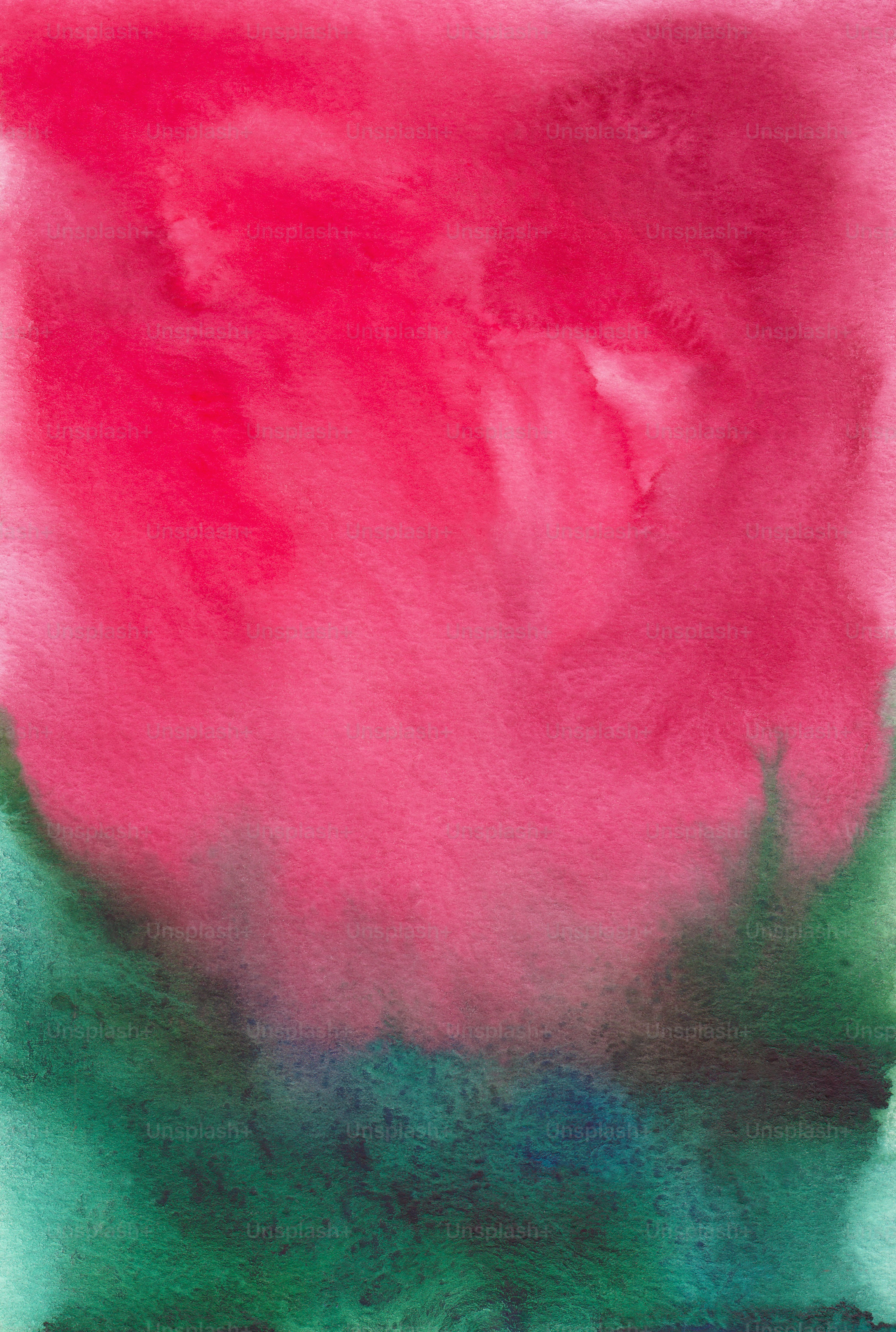 a watercolor painting of a red flower on a green background