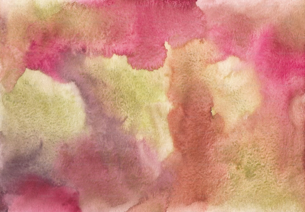 a painting of pink and green colors on a white background