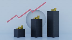 three black boxes with stacks of gold coins in front of an upward graph