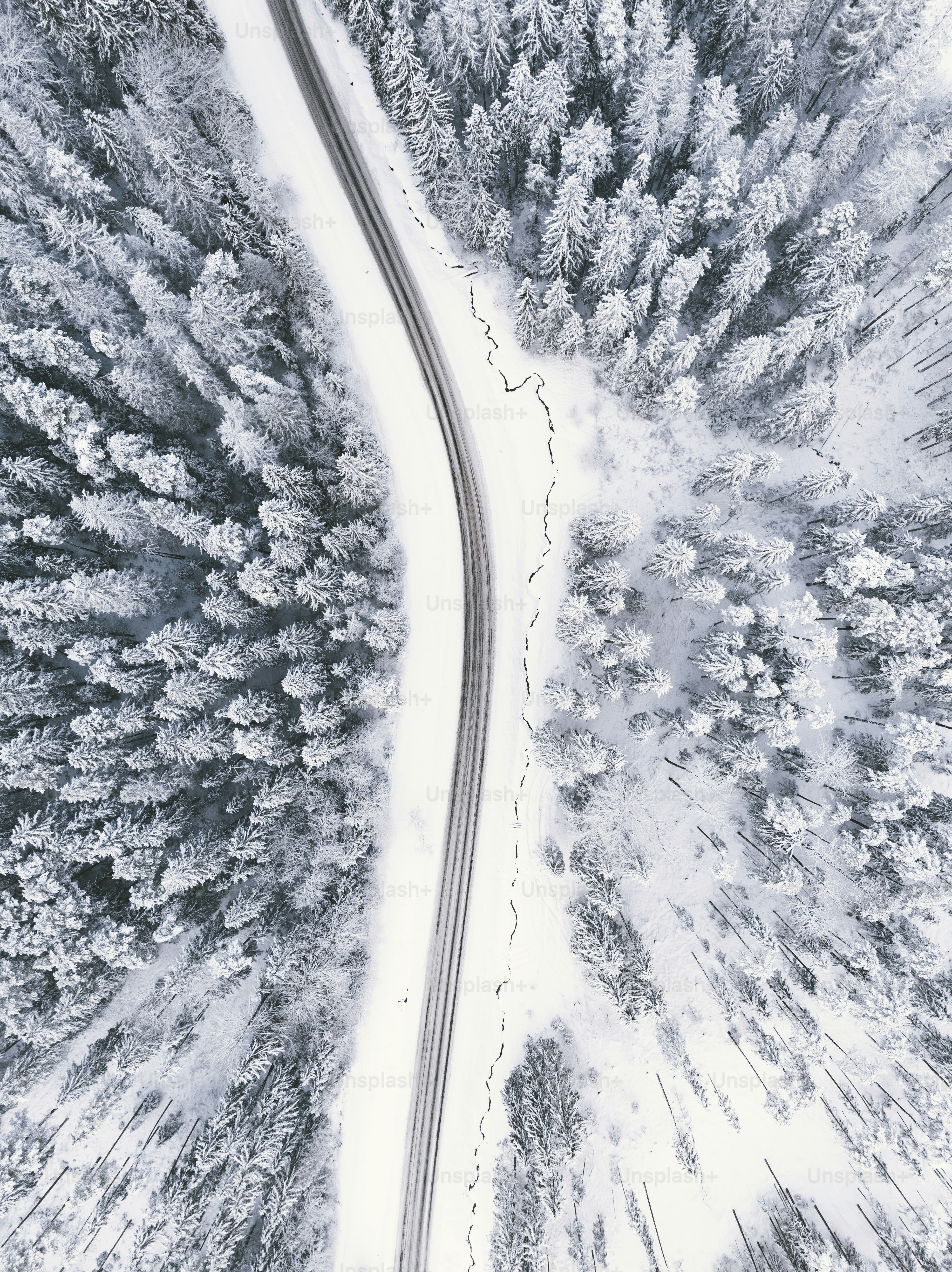 an aerial view of a road in the middle of a snowy forest