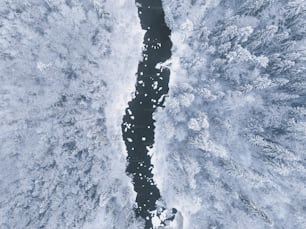 une vue aérienne d’un plan d’eau entouré de neige