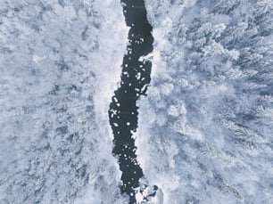 an aerial view of a body of water surrounded by snow