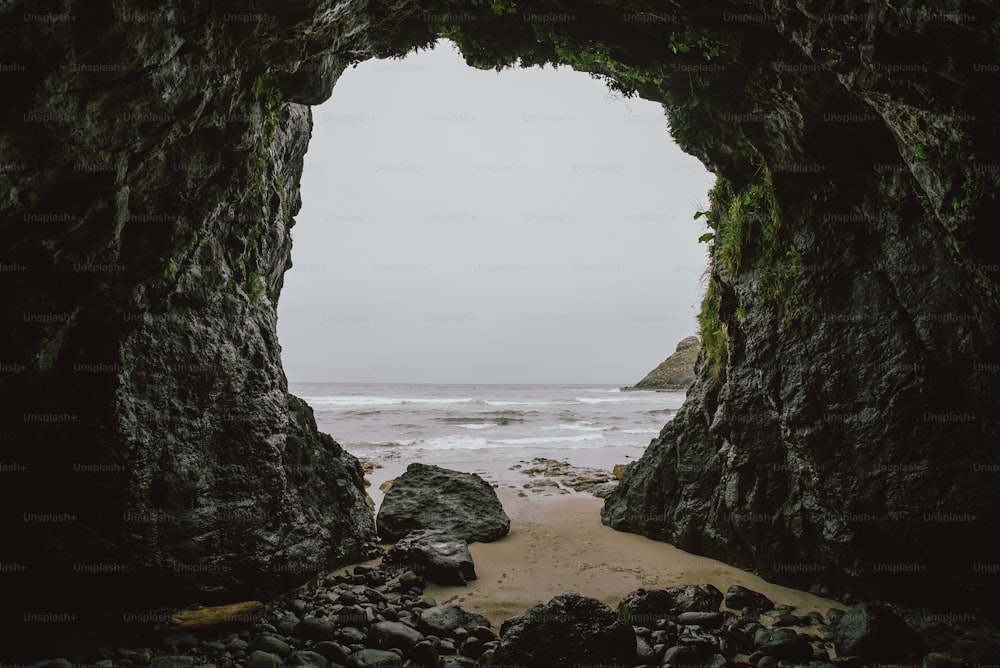 a view of the ocean from inside a cave