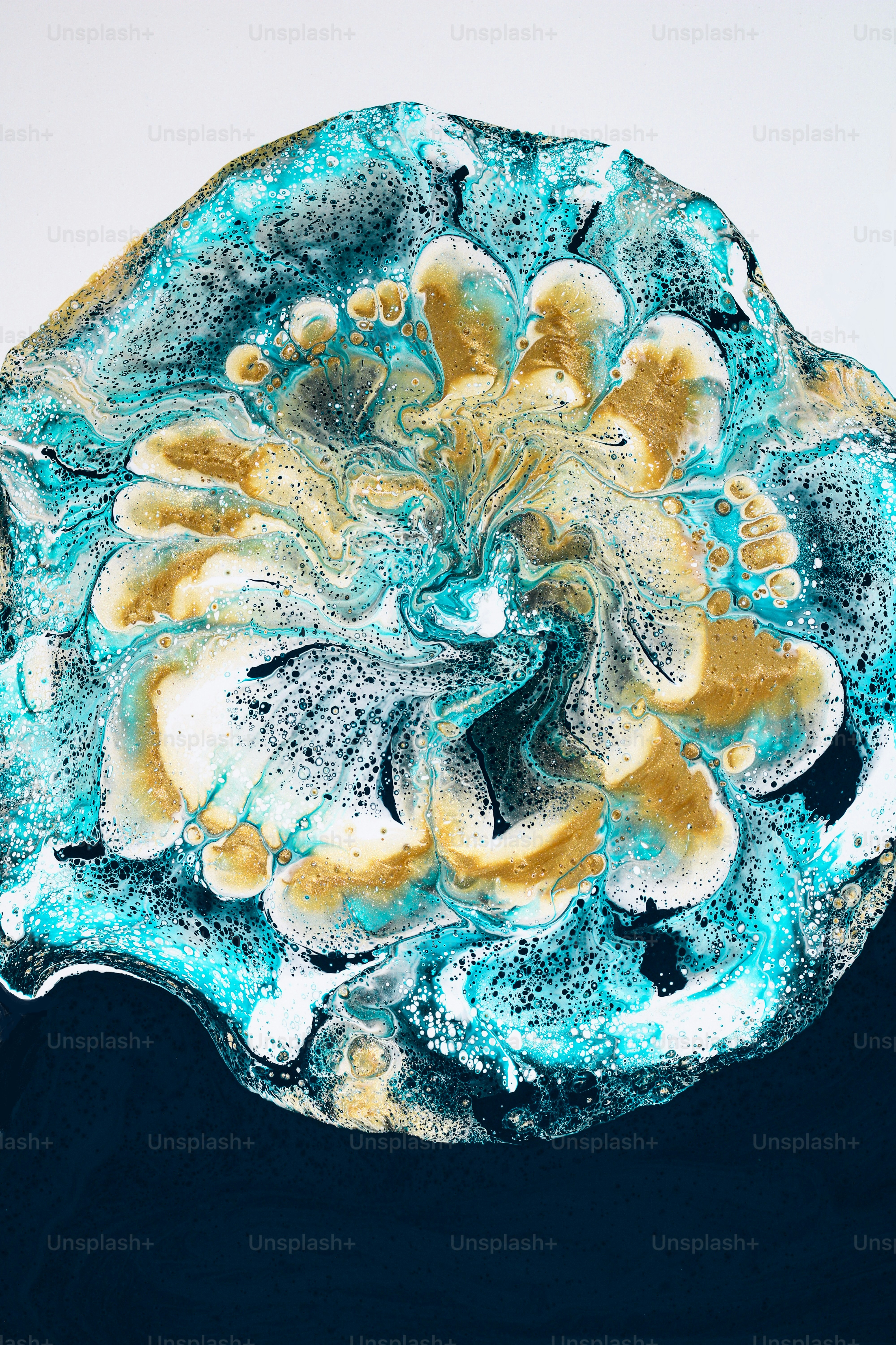 a painting of a blue and yellow flower on a white background