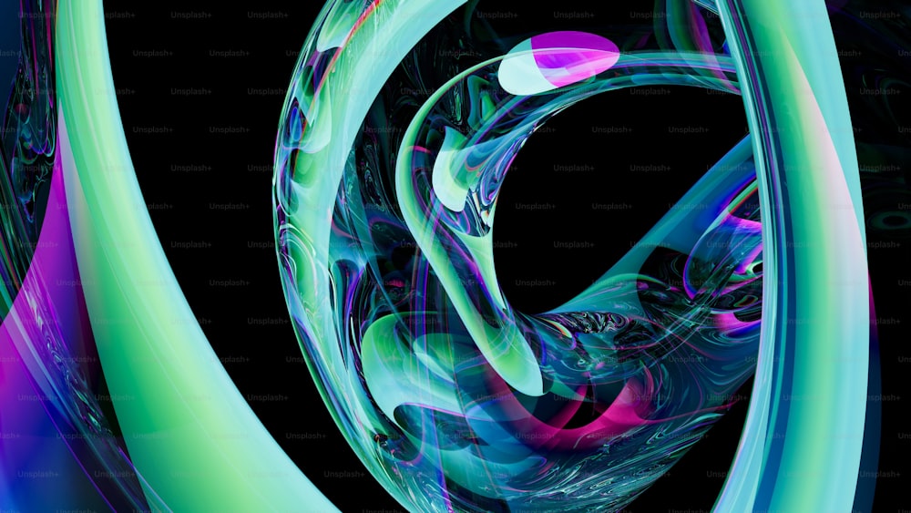 an abstract painting of blue, pink, and green curves