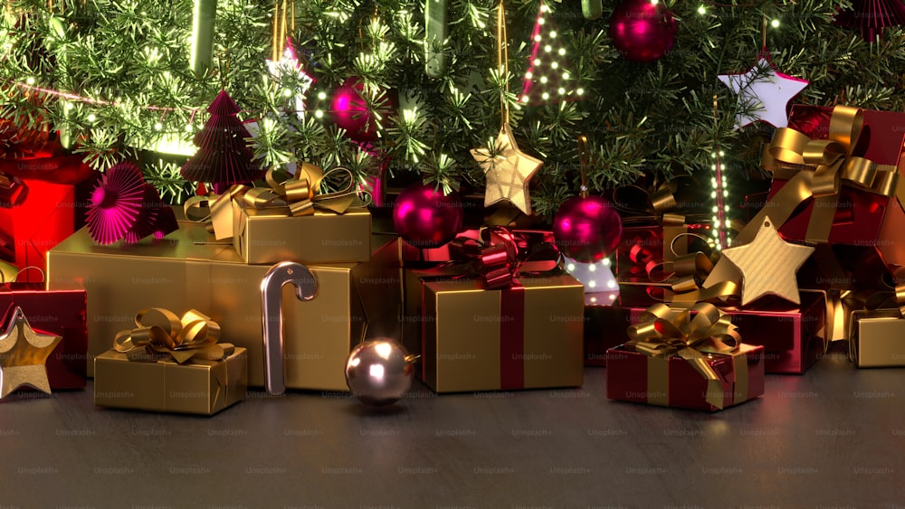 a group of presents under a christmas tree