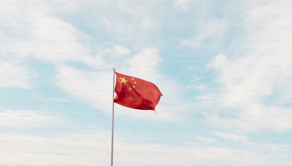 a chinese flag flying high in the sky