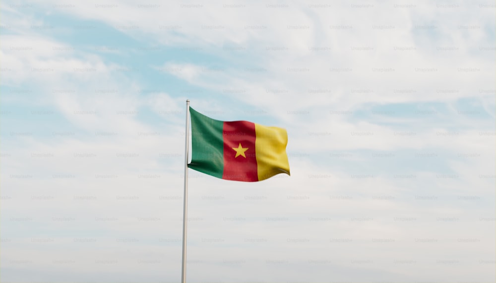 a flag flying in the wind with a blue sky in the background