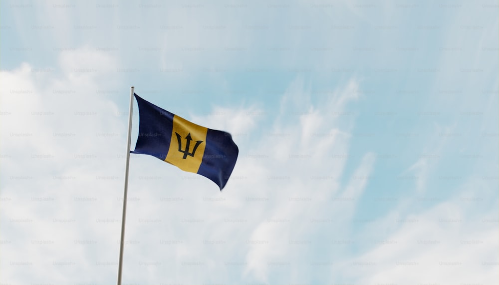 a blue and yellow flag flying in the sky