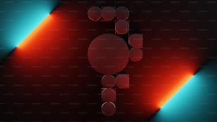 a red and blue background with circles and shapes