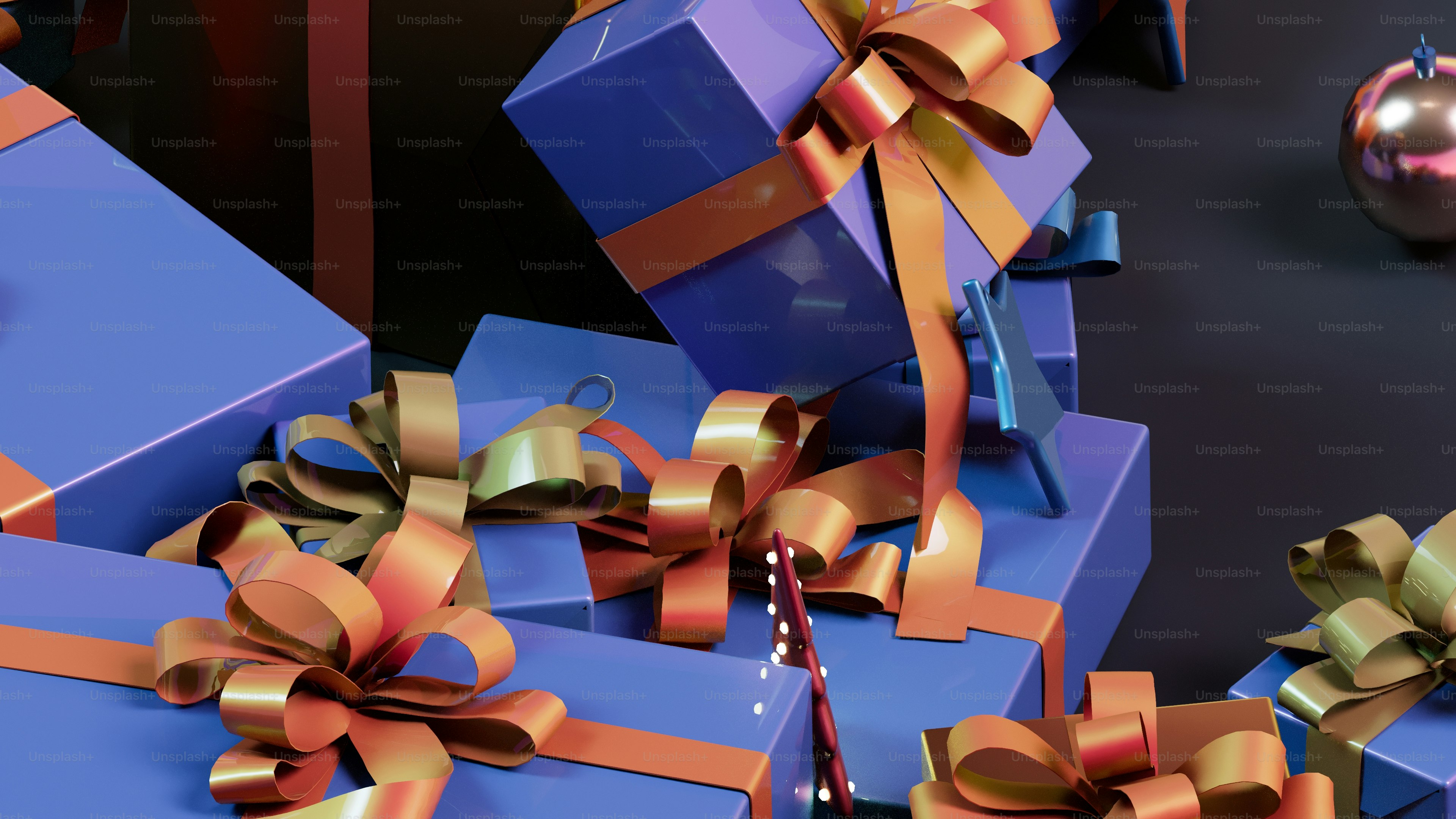 a pile of blue and orange wrapped presents
