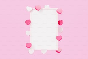 ein weißer Rahmen mit rosa und weißen Herzen auf rosa Hintergrund