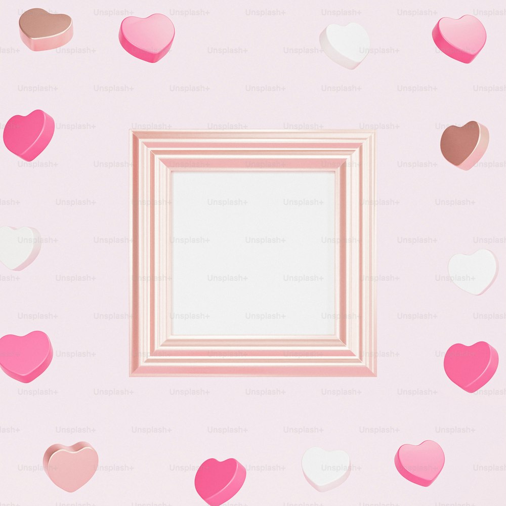 a picture frame surrounded by hearts on a pink background