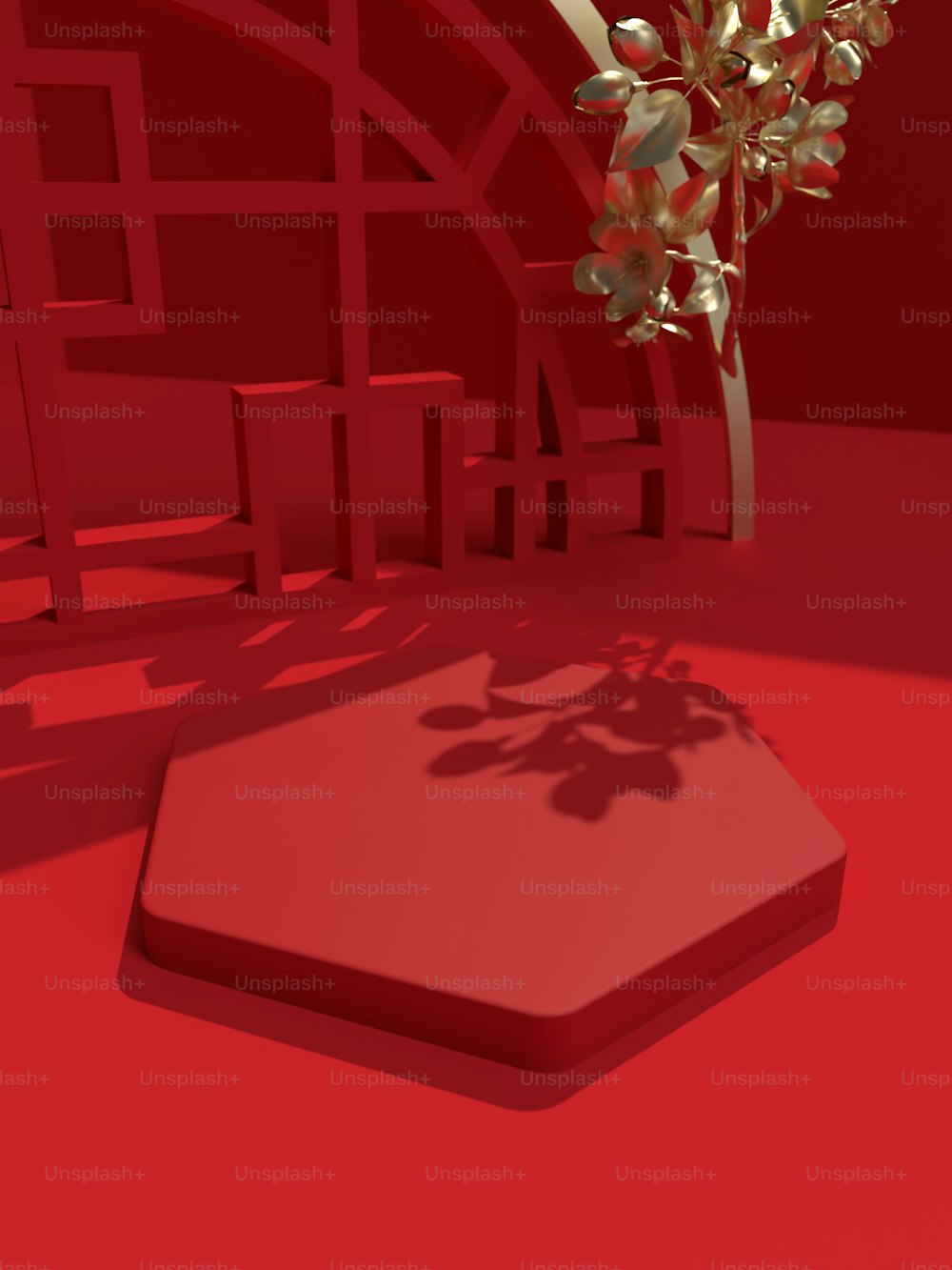 uma imagem 3d de uma árvore em uma sala vermelha