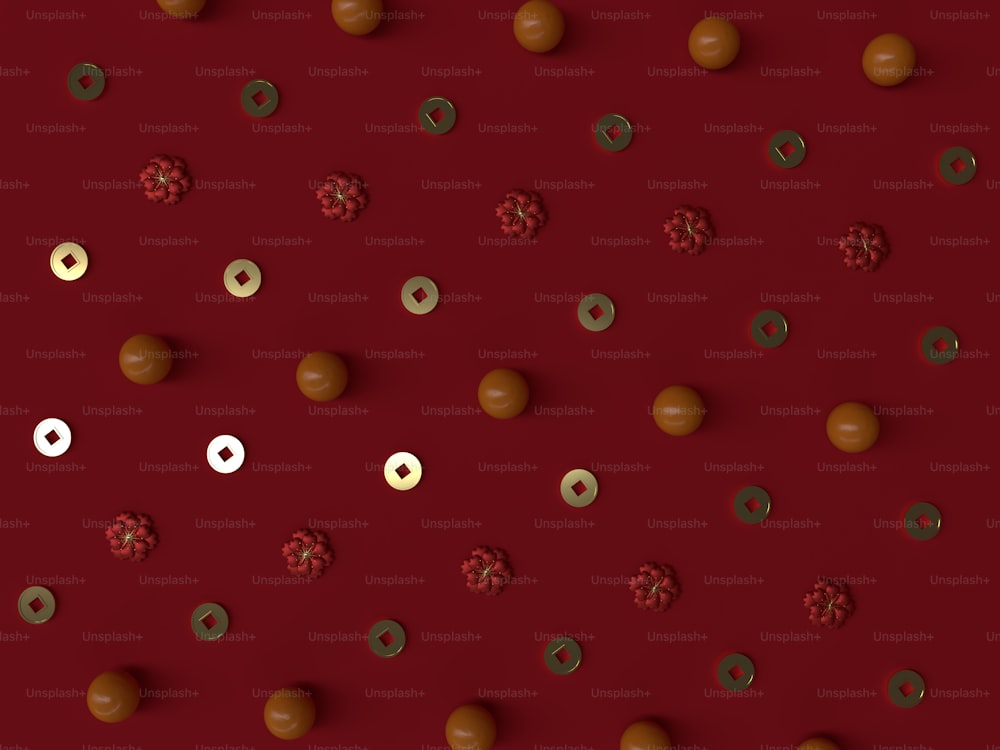 Un mazzo di ciambelle che si trovano su una superficie rossa