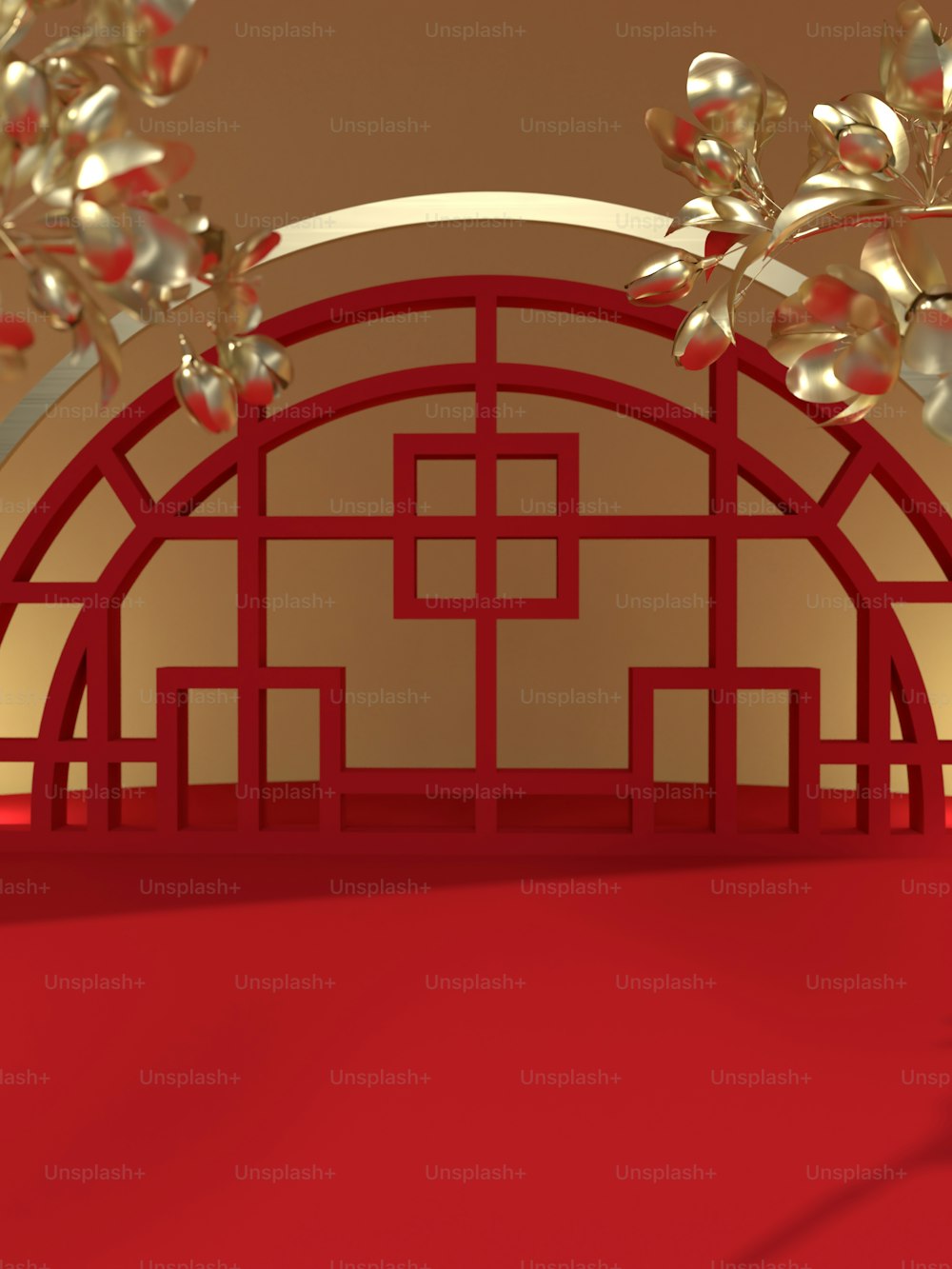 레드 카펫과 붉은 벽이있는 빨간 방