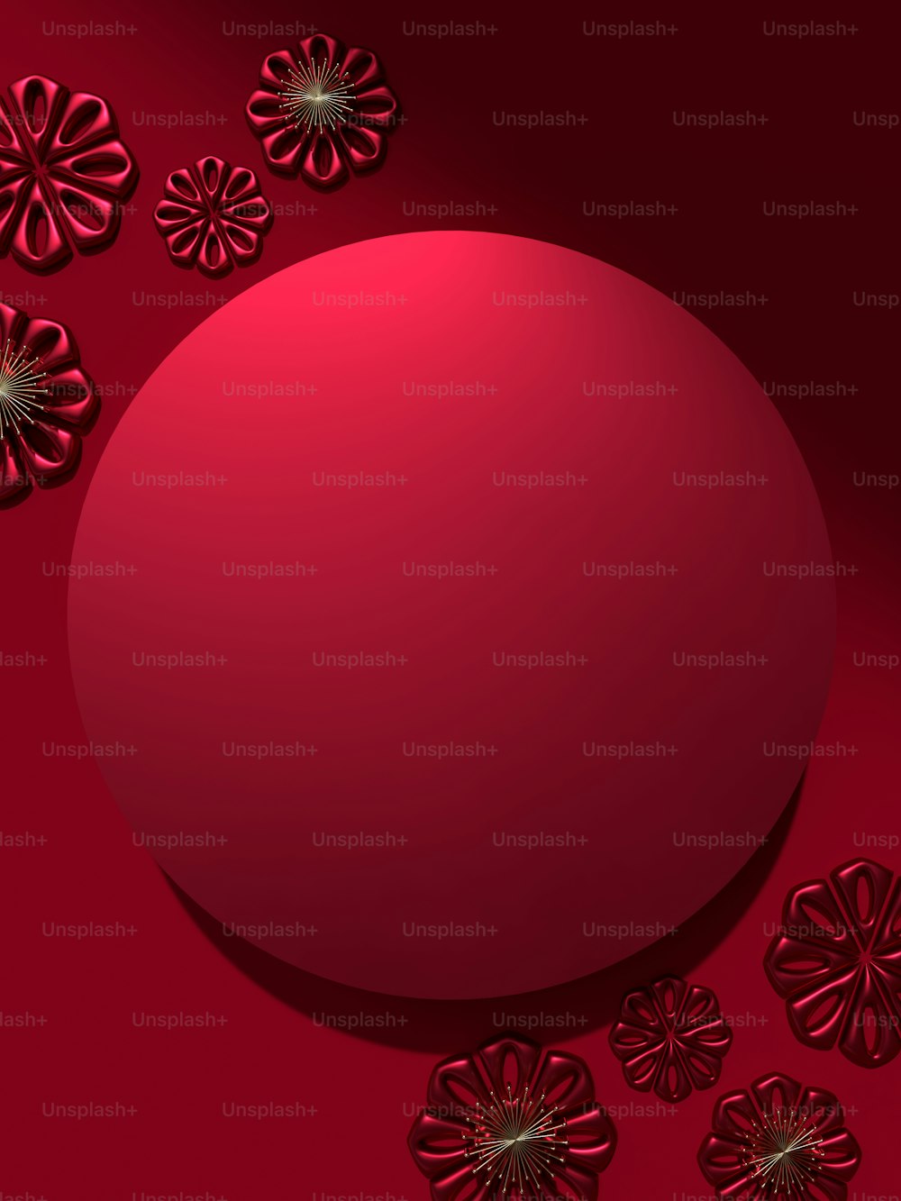 a red background with flowers and a round object