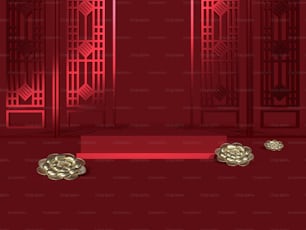 a red room with a red carpet and a red door