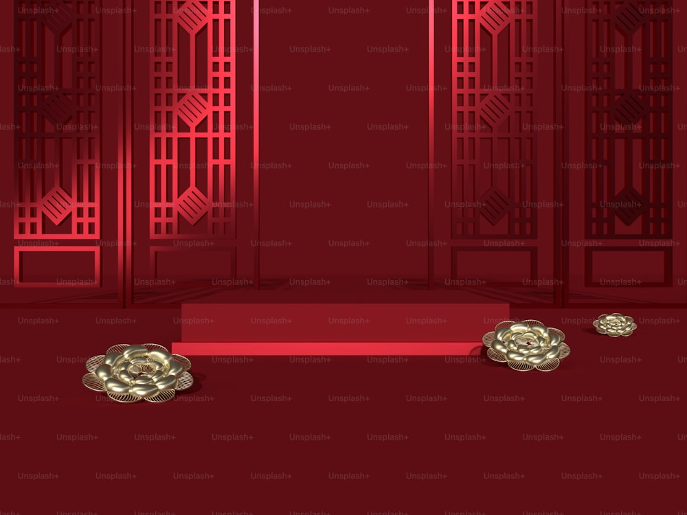 a red room with a red carpet and a red door