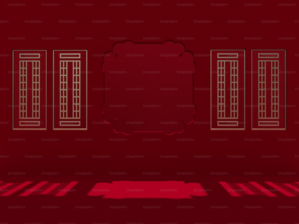 Una habitación roja con tres ventanas y un piso rojo