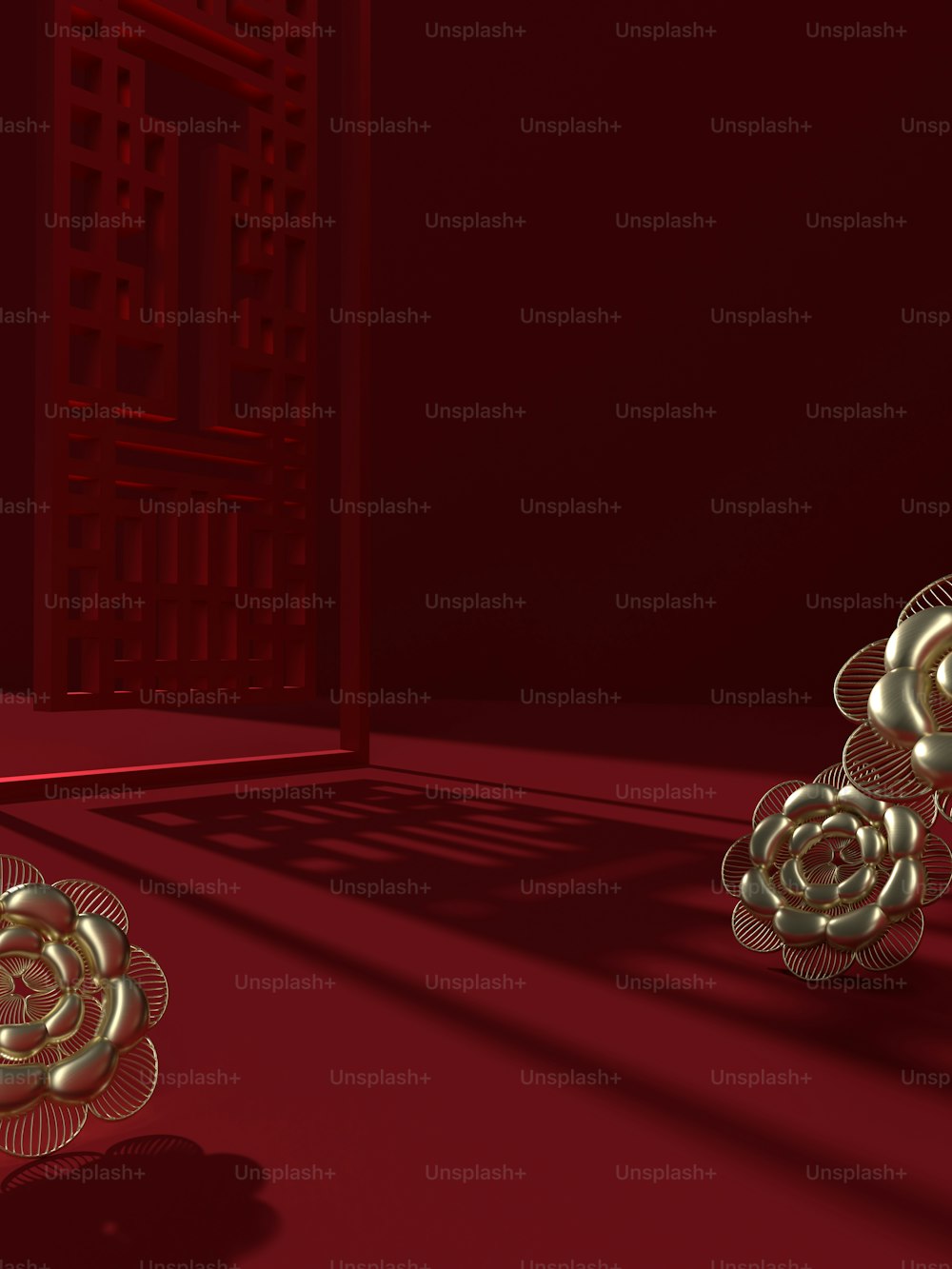 a red room with a bunch of gold objects in it