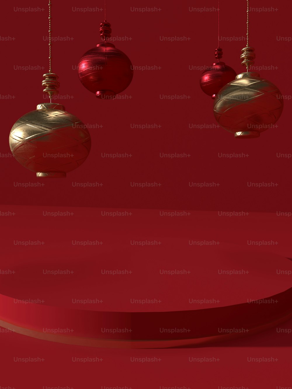 a red background with ornaments hanging from it