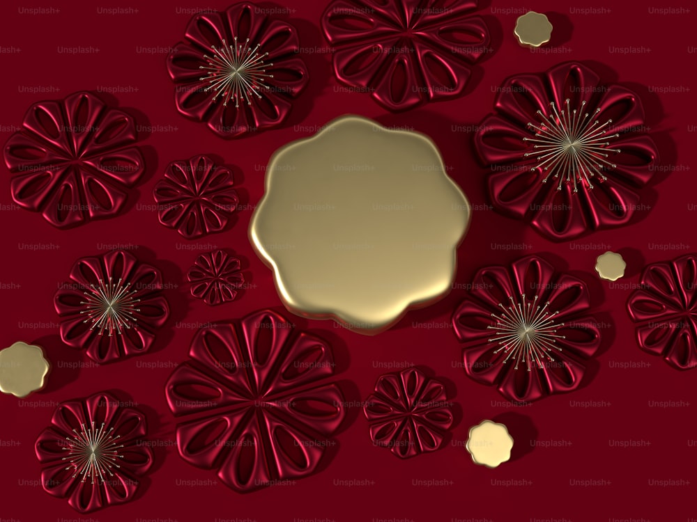 a red background with a circle of flowers