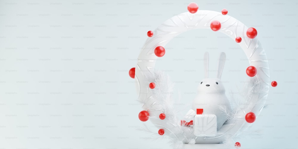 Un conejo blanco sentado en círculo con bolas rojas a su alrededor