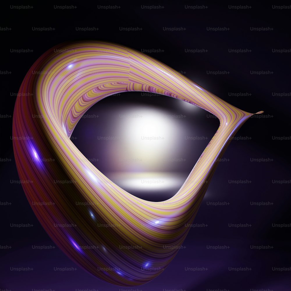 a purple and yellow object with a white light in the middle of it