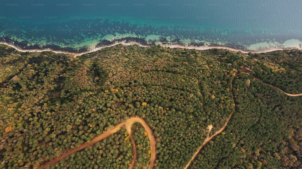 uma vista aérea de uma praia e um corpo de água