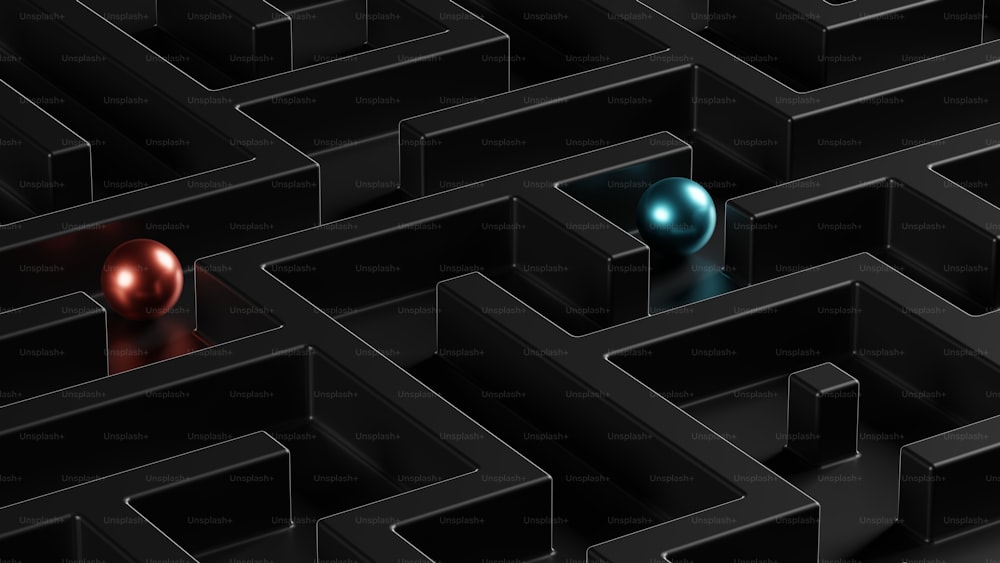 a red ball is in a black maze