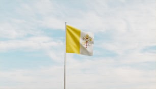 Eine gelb-weiße Flagge weht am Himmel