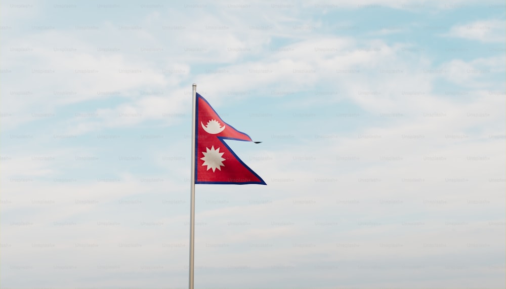a red and blue flag flying in the wind