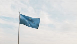 a blue and white flag flying in the wind