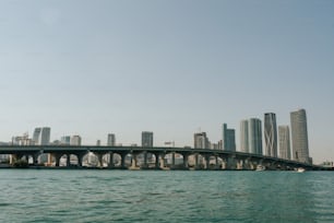 a bridge over a body of water with a city in the background