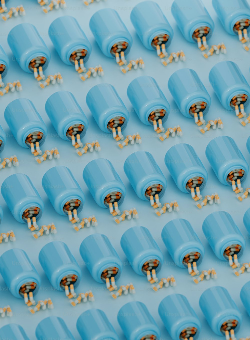 a group of blue electrical components on a blue surface