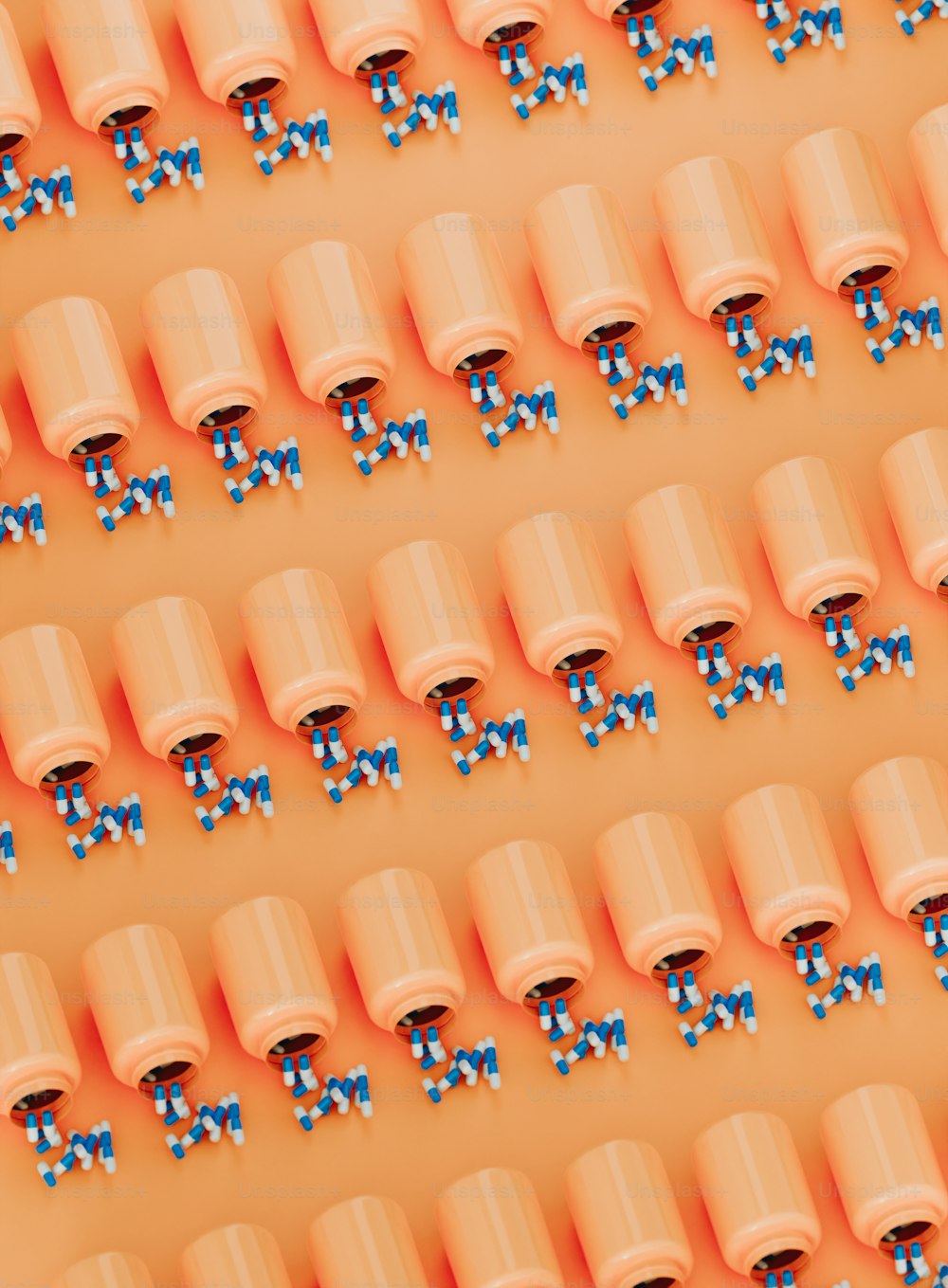 Un grupo de tazas naranjas con lazos azules en ellas