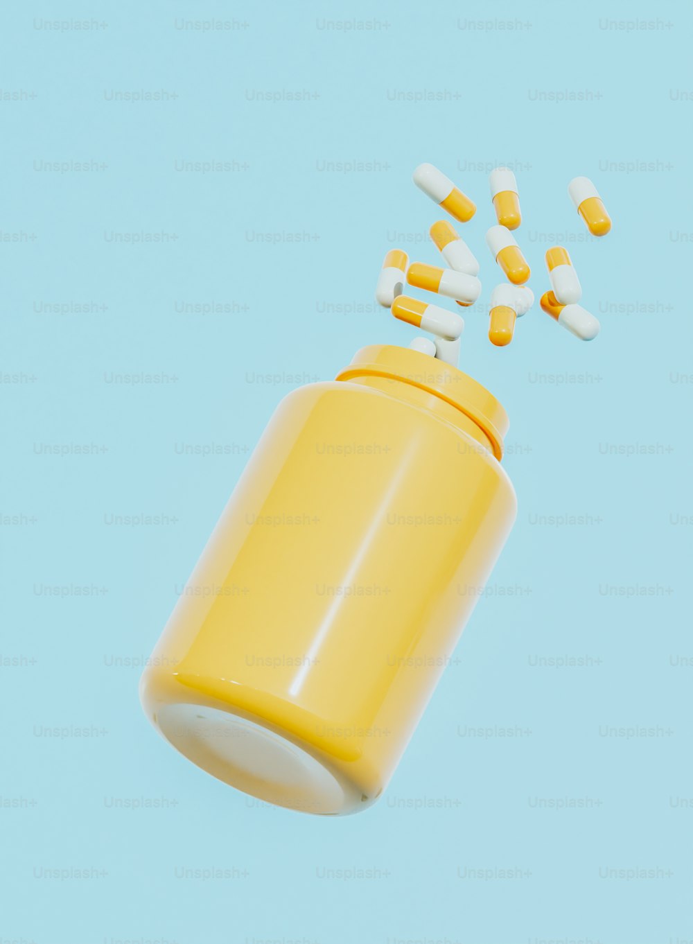 una bottiglia di pillola gialla con pillole che ne escono