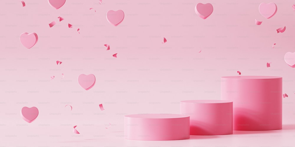 a pink background with hearts falling from the sky