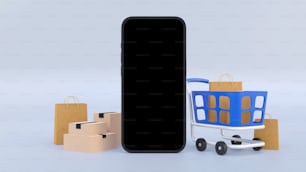 Un teléfono celular sentado al lado de un carrito de compras